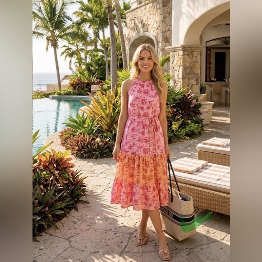 NWT INC Womens Floral A-Line pink orange Halter‎ Dress size 14
